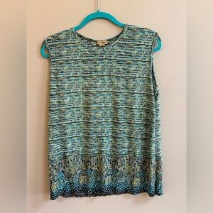 Le Pleat Vintage Green & Blue Geometric Pattern Sleeveless Blouse Shirt Top